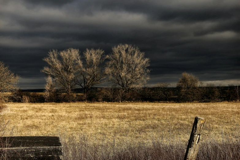 a wooden bench sitting in the middle of a field, inspired by Chris Friel, pexels contest winner, australian tonalism, ominous sky, autumn bare trees, severe weather storms, dramatic lighting - n 9