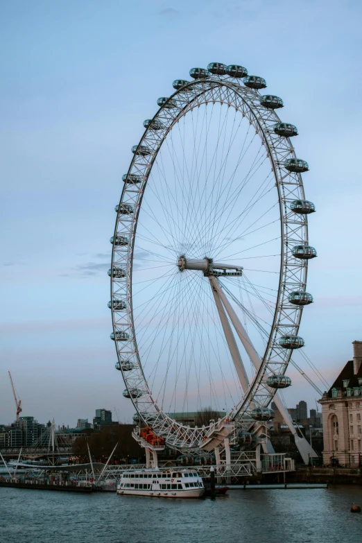 a large ferris wheel sitting next to a body of water, in london, afternoon, in the evening, skies