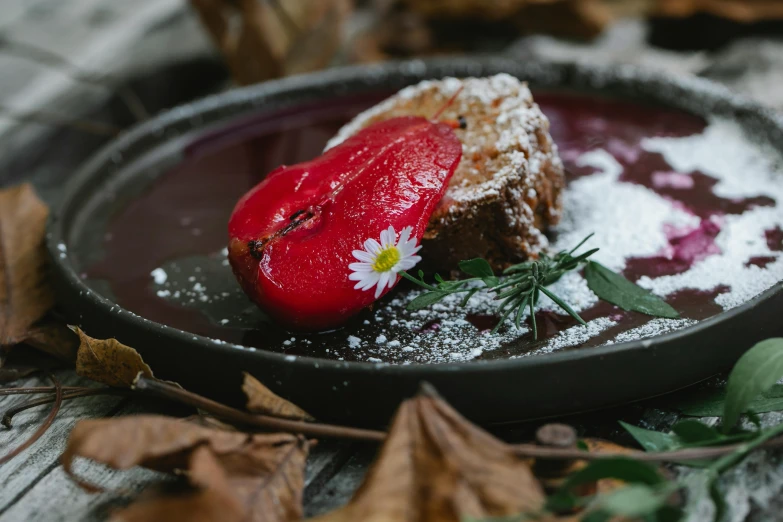 a plate topped with a piece of cake covered in powdered sugar, inspired by Richmond Barthé, unsplash, wearing a red gilet, botanicals, soup, seasonal