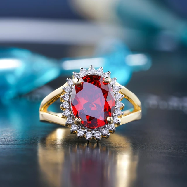 a red diamond ring sitting on top of a table, inspired by L. A. Ring, shutterstock contest winner, baroque, gold plated, crimson halo, 20mm, high-quality photo