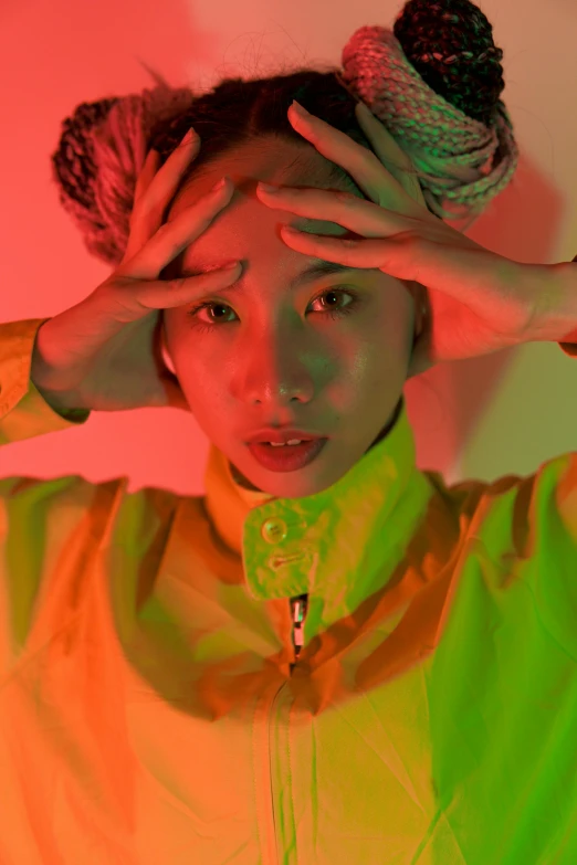 a woman with a hat on top of her head, an album cover, inspired by Gao Cen, trending on pexels, afrofuturism, 8 0 s asian neon movie still, portrait androgynous girl, dayglo, taken in the late 2000s