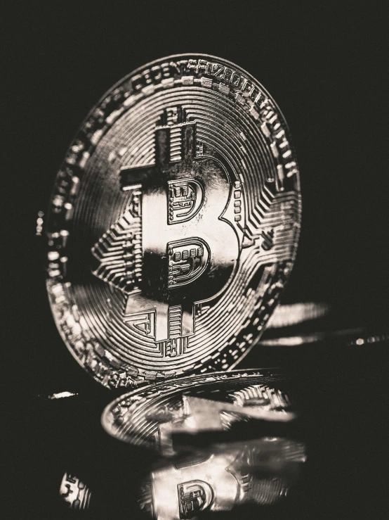 a bitcoin sitting on top of a pile of coins, a black and white photo, by Benjamin Block, unsplash, renaissance, instagram story, 🚿🗝📝