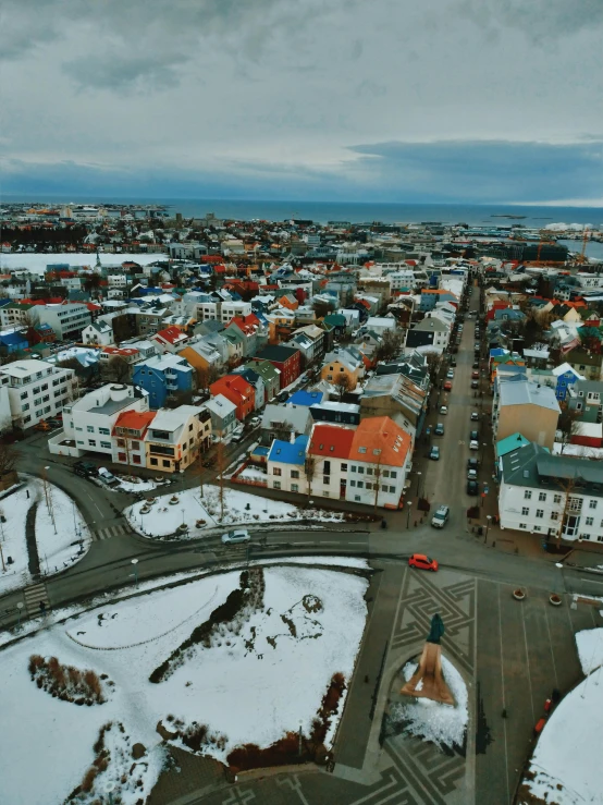 an aerial view of a city covered in snow, by Terese Nielsen, pexels contest winner, happening, the streets of baldur's gate, highly colorful, panoramic, bird\'s eye view