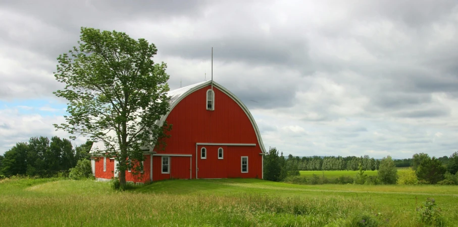 a red barn sitting on top of a lush green field, eero aarnio, galvalume metal roofing, gothic revival, high-quality photo