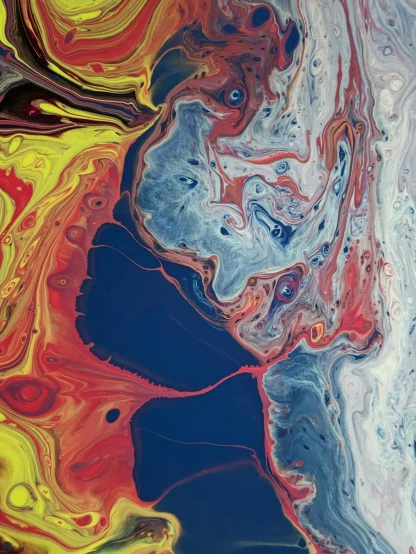 a close up of a painting on a wall, inspired by Umberto Boccioni, unsplash contest winner, lyrical abstraction, nasa true color 8k image, swirling liquids, red yellow blue, /r/earthporn