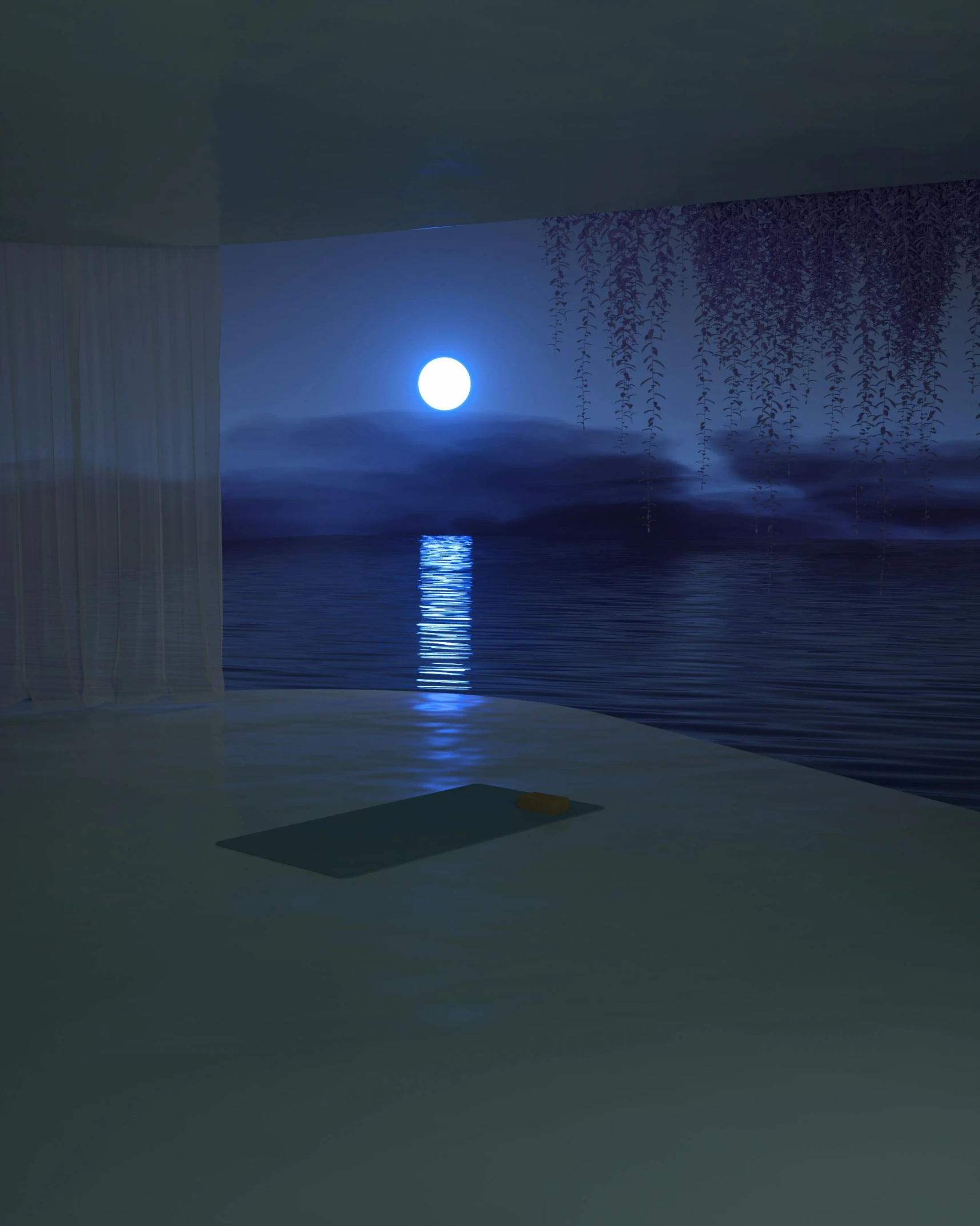 a room with a view of the ocean and a full moon, a 3D render, inspired by Ryoji Ikeda, interactive art, water gushing from ceiling, nvidia raytracing demo)), album cover, dreamy aesthetic