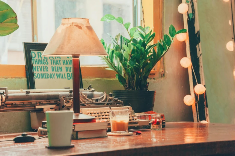 a wooden table topped with a lamp next to a window, a still life, inspired by Elsa Bleda, trending on pexels, in the style wes anderson, sitting at desk at keyboard, dusty library, adorned with all kind of plants