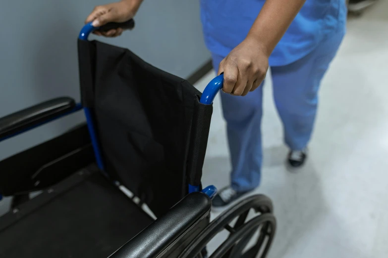 a close up of a person pushing a wheelchair, sterile colours, royaltly, thumbnail, waist up