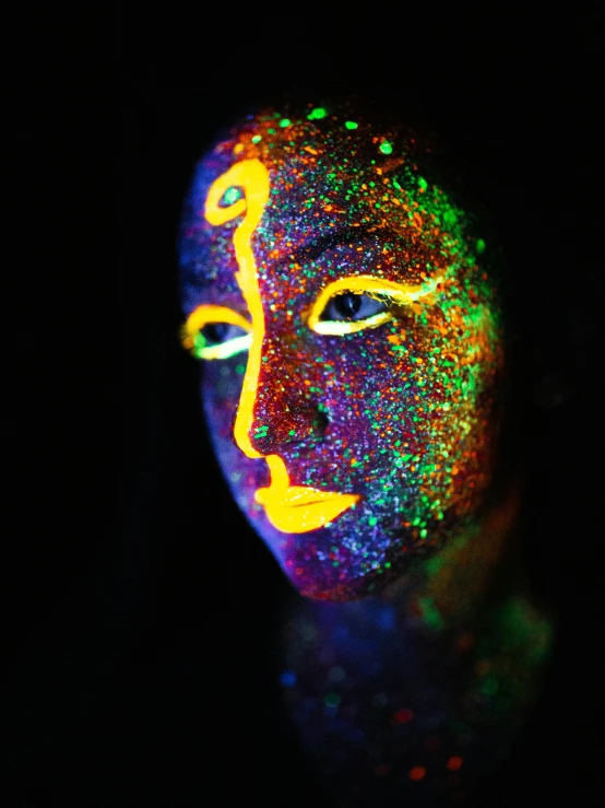 a close up of a person's face in the dark, by Julia Pishtar, trending on pexels, neo-fauvism, neon madhubani, glitter, luminous body, deity)