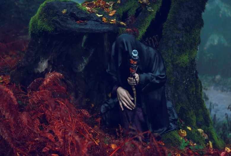 a person sitting on the ground in front of a tree, unsplash, conceptual art, wearing black sith robes, holding a skull staff, amongst foliage, deep colours. ”