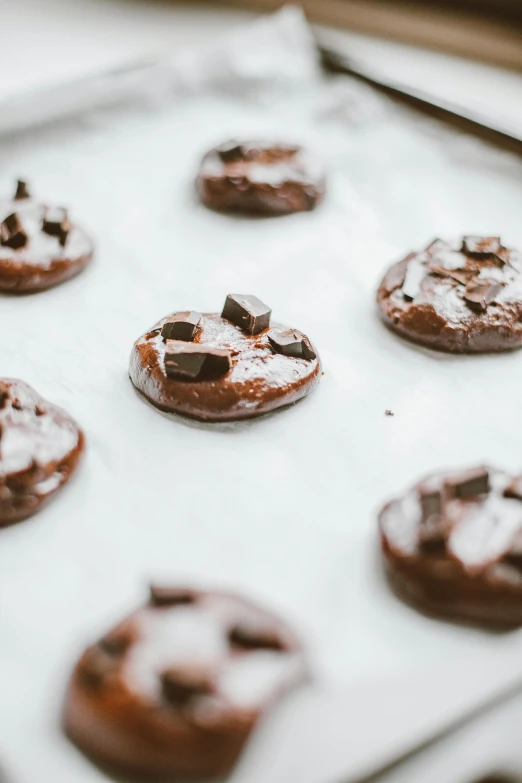 a close up of chocolate cookies on a baking sheet, pexels, process art, jen atkin, on a pale background, made of glazed, ( 3 1