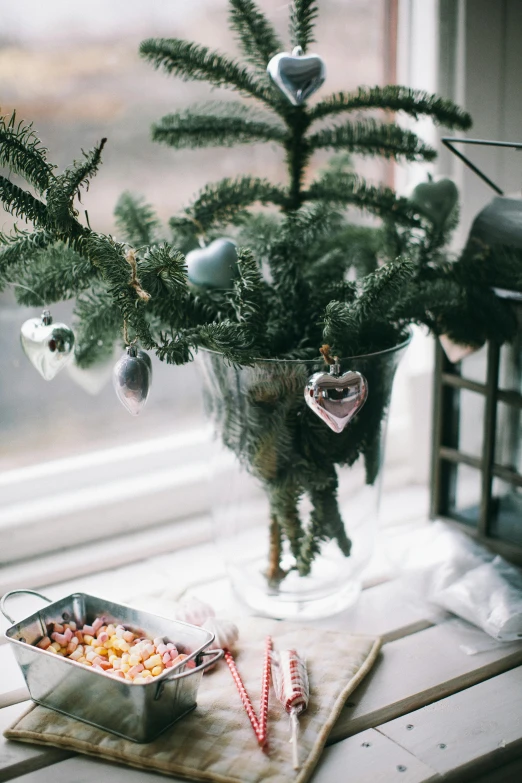a christmas tree sitting on top of a window sill, a colorized photo, by Julia Pishtar, pexels, centerpiece, hearts, silver hues, food