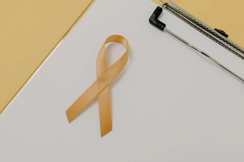 a yellow ribbon sitting on top of a clipboard, trending on pexels, cysts, background image, profile picture, light brown