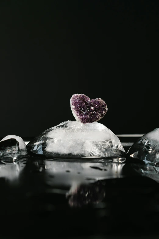 a couple of pieces of ice sitting on top of each other, trending on pexels, hearts, sitting on top of a cryopod, made of liquid purple metal, shot on hasselblad