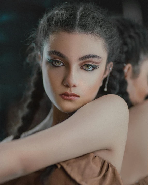 a woman in a brown dress posing for a picture, a colorized photo, inspired by irakli nadar, trending on pexels, mannerism, colorful reflective eyes, portrait androgynous girl, pale-skinned persian girl, pigtails hairstyle