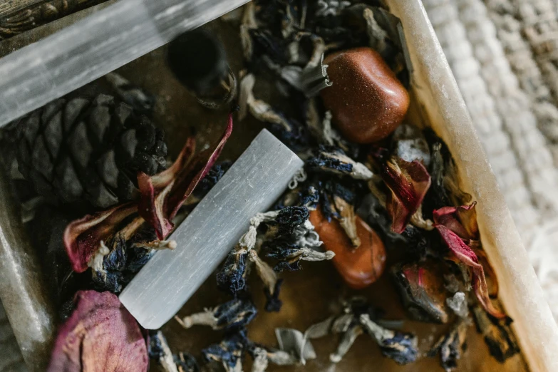 a wooden box filled with dried flowers and a knife, by Jessie Algie, trending on pexels, cave crystals, blue and white and red mist, hibernation capsule close-up, grey vegetables