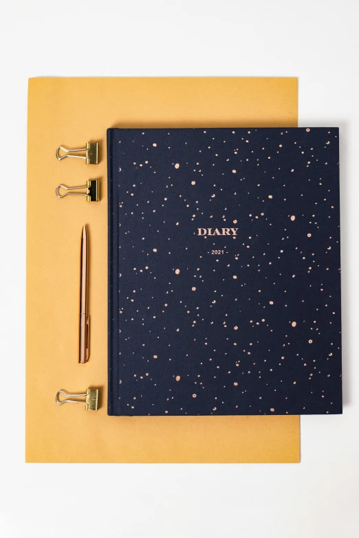 a notebook with a pen sitting on top of it, an album cover, by Julia Pishtar, trending on unsplash, tiny stars, colors with gold and dark blue, very large, sleek spines