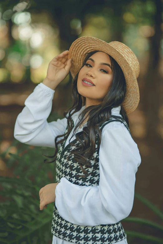 a woman in a hat is posing for a picture, wearing farm clothes, alanis guillen, promotional image, ameera al-taweel