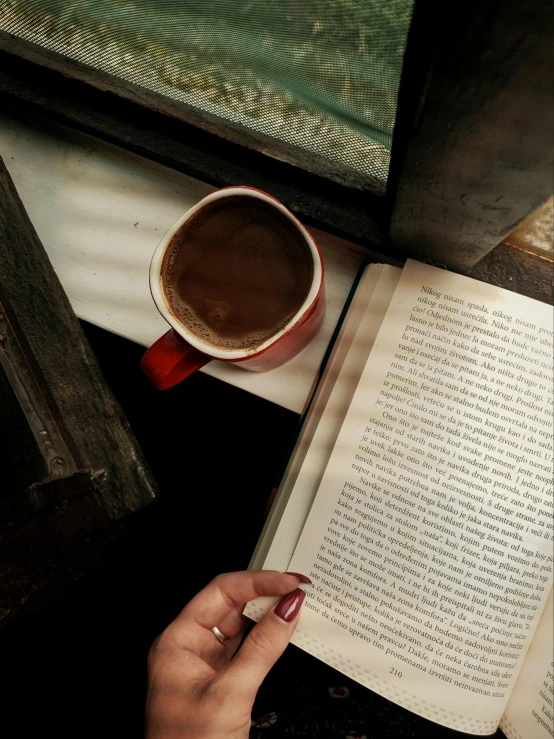 a person reading a book next to a cup of coffee, pexels contest winner, happening, brown and pink color scheme, dusty library, thumbnail