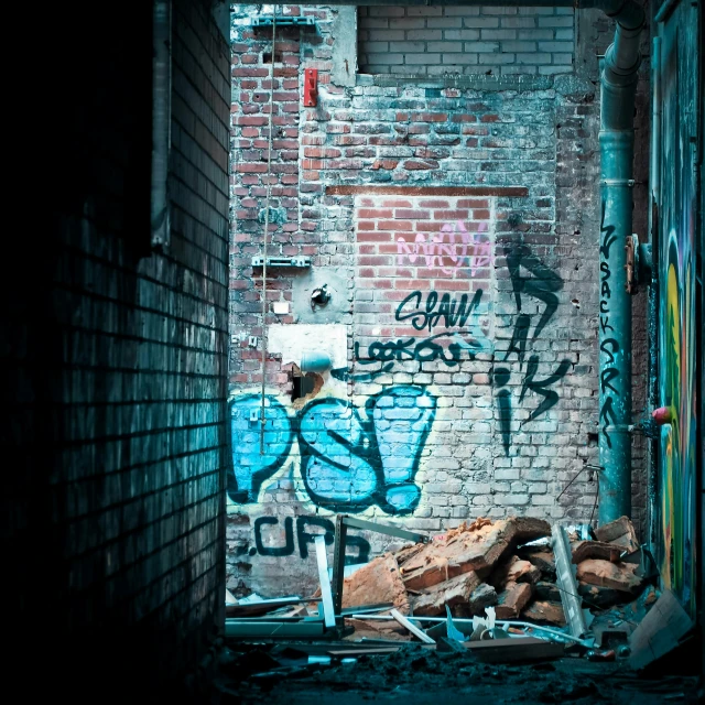 a room filled with lots of graffiti next to a brick wall, inspired by Elsa Bleda, pexels contest winner, dark city ruins, small, street of teal stone, destruction