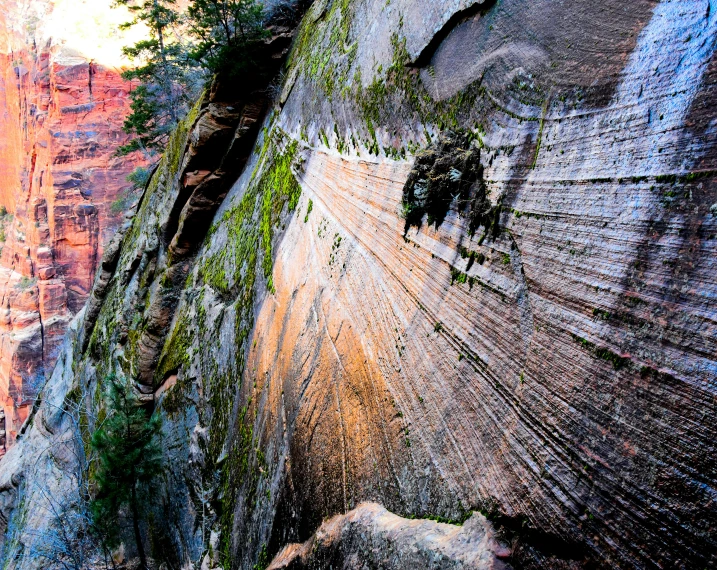 a man standing on top of a cliff next to a river, a cave painting, by Jeffrey Smith, unsplash, symbolism, red sandstone natural sculptures, striations, lush mossy canyon, panels