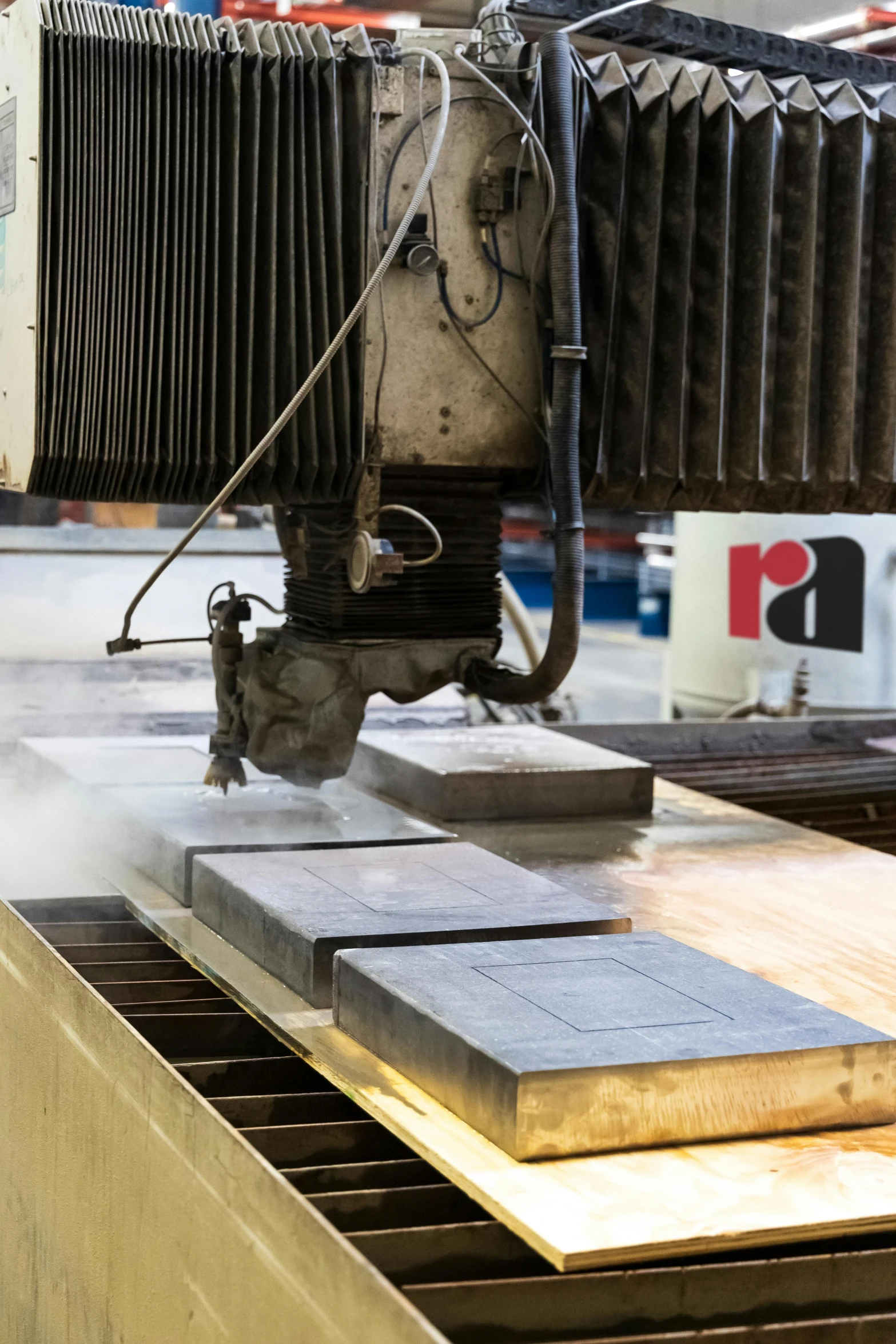 a machine that is cutting a piece of wood, a marble sculpture, inspired by david rubín, private press, factory background, titanium, thumbnail, panels