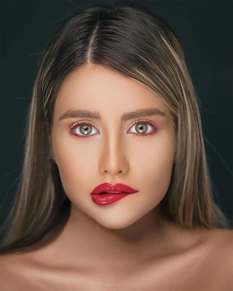 a woman with red lipstick posing for a picture, a colorized photo, inspired by Hedi Xandt, trending on pexels, angular eyebrows, tanned ameera al taweel, 8k portrait render, red contact lenses