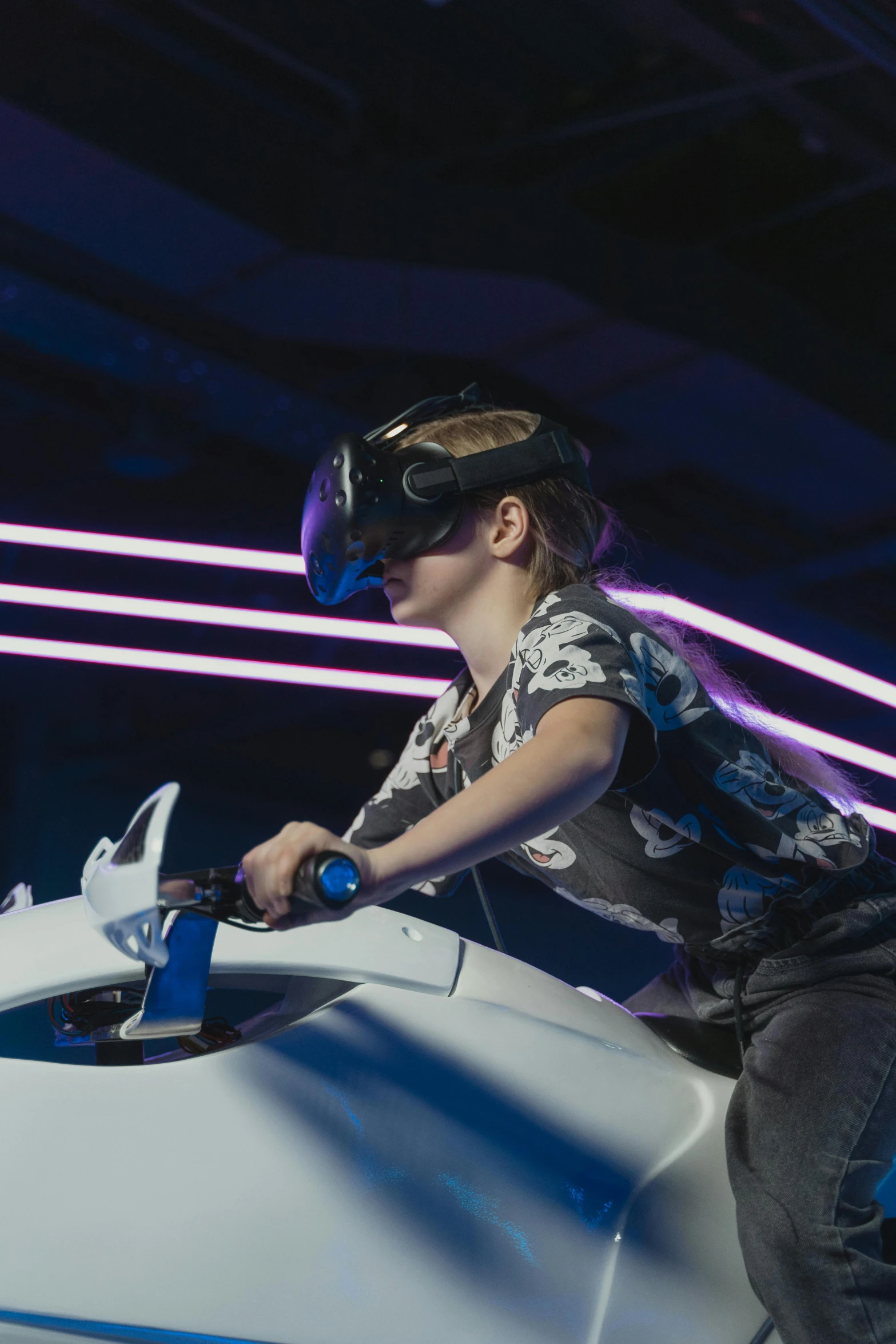 a little boy riding on the back of a white motorcycle, unsplash, interactive art, inside her surreal vr castle, in a spaceship cockpit, teenage girl riding a dragon, siggraph