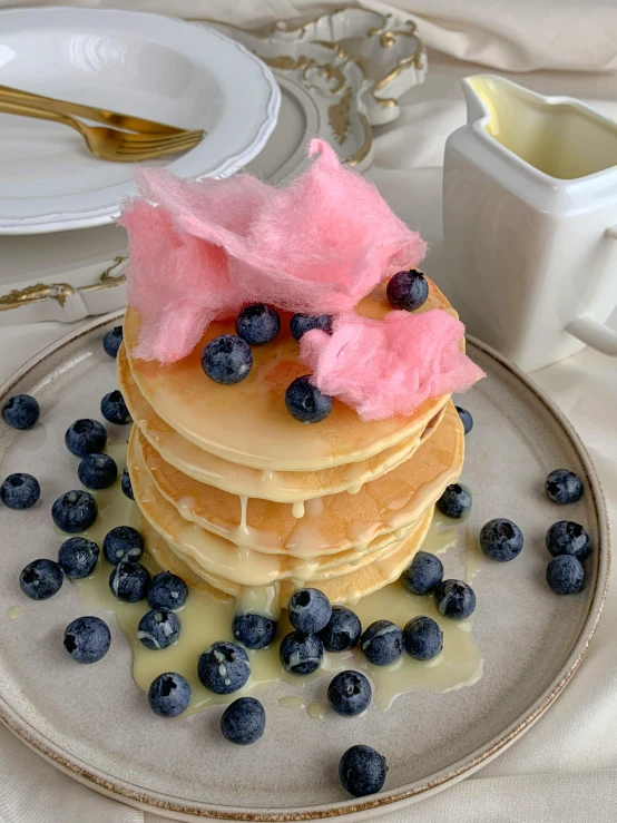 a stack of pancakes with blueberries on a plate, a pastel, by Robbie Trevino, featured on instagram, covered with pink marzipan, made of cotton candy, closeup - view, ilustration