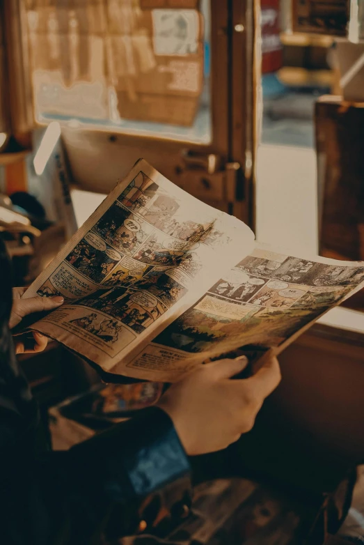 a woman sitting on a bus reading a newspaper, a picture, pexels contest winner, modernism, bookshops, yellowed paper, 🚿🗝📝, comics