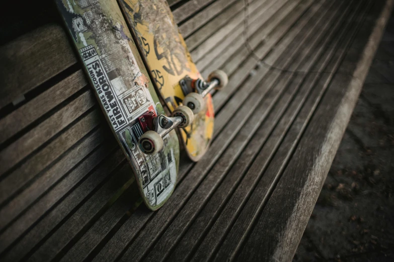 a skateboard sitting on top of a wooden bench, pexels contest winner, hyperrealism, scratched, trucks, 5 7 9, multiple stories