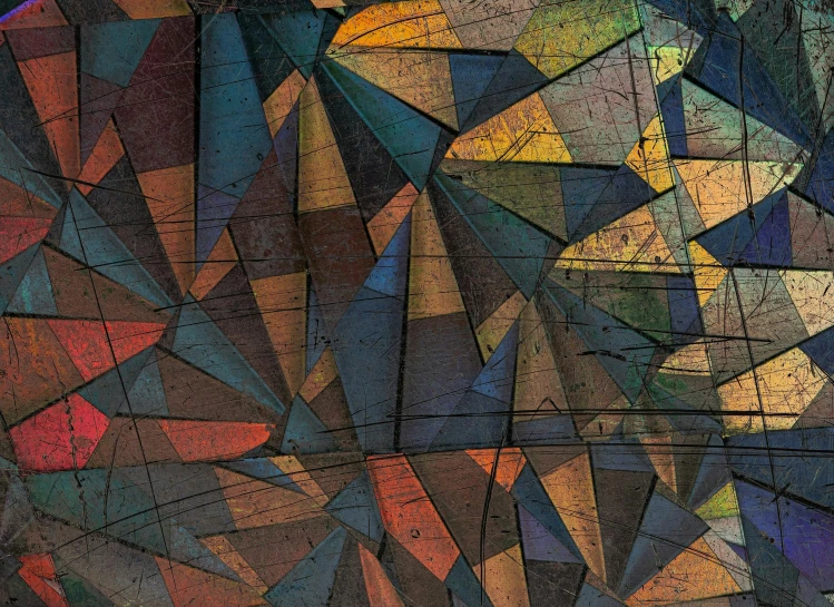 a clock sitting on top of a wooden table, an abstract painting, inspired by Umberto Boccioni, trending on polycount, panfuturism, close-up print of fractured, tessellated planes of rock, detailed photo of an album cover, detail texture