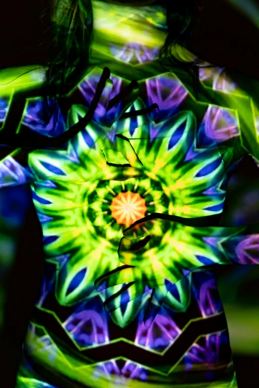 a close up of a person with a body painted, a digital rendering, psychedelic art, radiating a glowing aura, made of crystalized synapse, seen through a kaleidoscope, glowing line cracks in armor