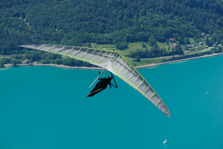 a person flying a hang glider over a body of water, tjalf sparnaay 8 k, avatar image, null, viridescent