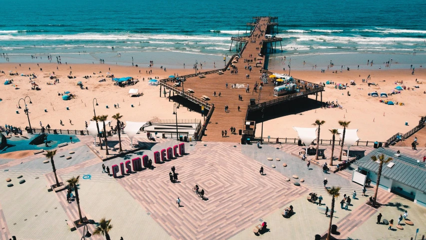 a group of people standing on top of a sandy beach, boardwalk, flatlay, los angelos, highly upvoted