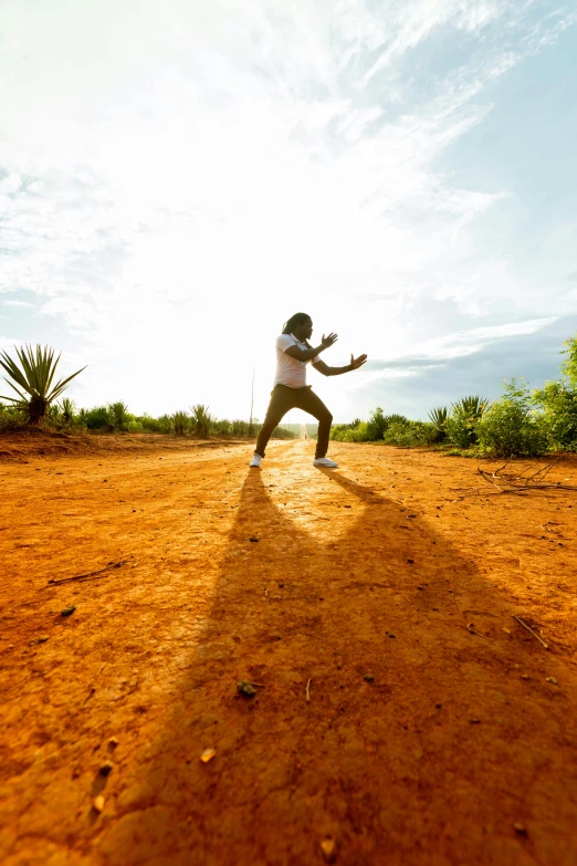 a man standing in the middle of a dirt road, happening, capoeira, unmistakably kenyan, sun overhead, boxing stance