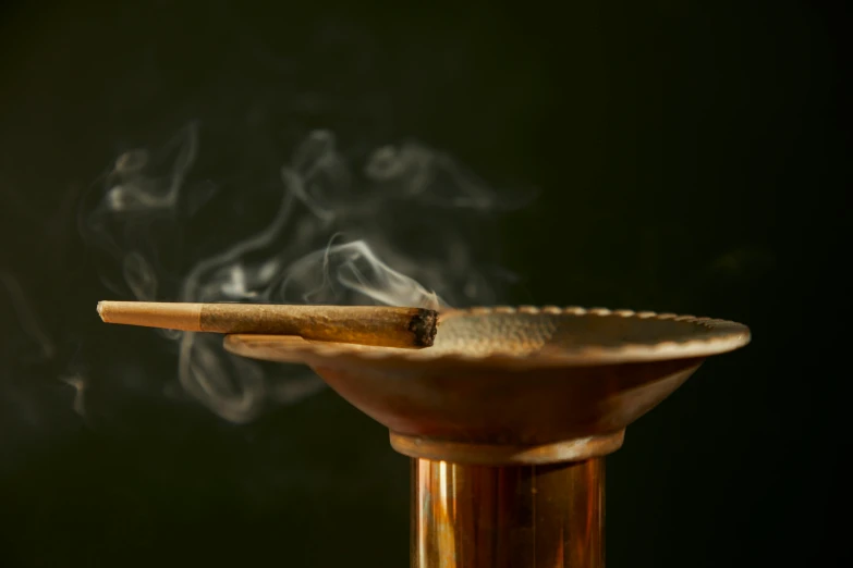 a cigar sitting on top of a wooden stick, inspired by Kaigetsudō Ando, hurufiyya, green steam rising from soup, reflections in copper, in style of robert mapplethorpe, medium close-up shot