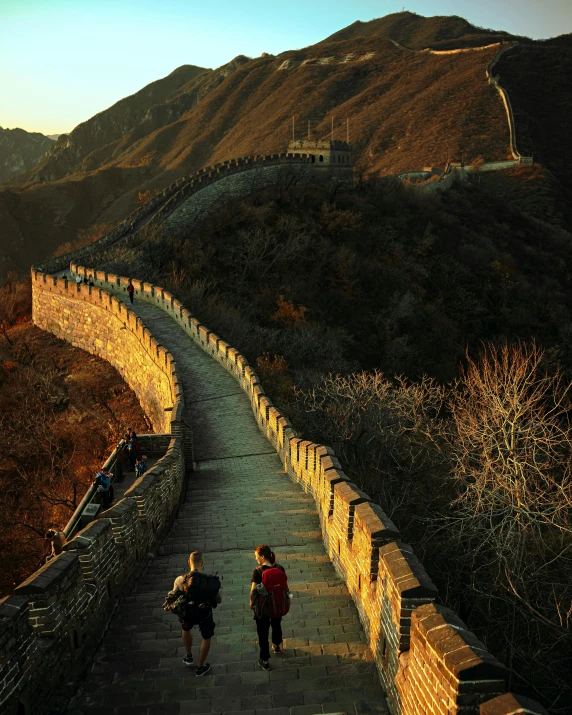 two people walking on the great wall of china, by Wen Zhenheng, pexels contest winner, happening, mid morning lighting, wall ], instagram story, lgbtq