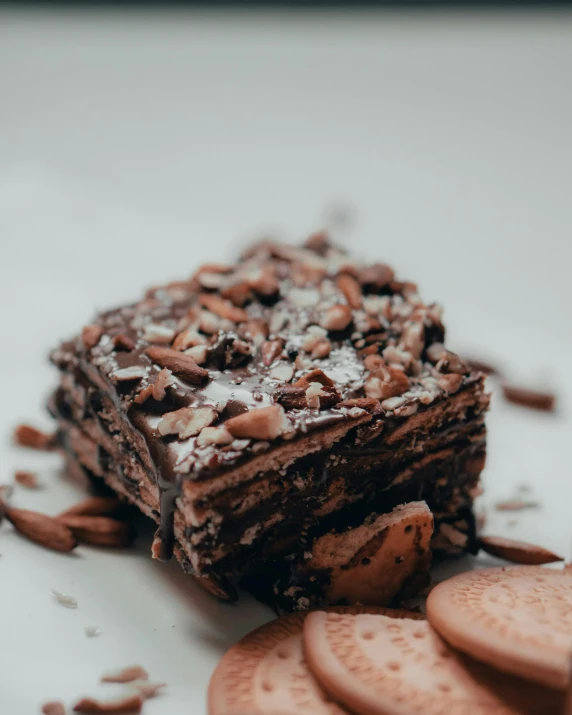 a piece of chocolate cake sitting on top of a white plate, unsplash, rocky roads, square, tattooed, gooey