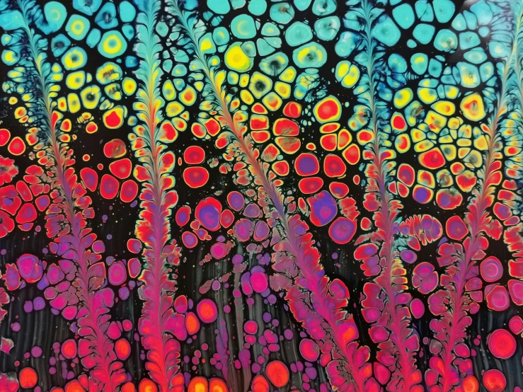 a close up of a painting of flowers, inspired by Yahoo Kusama, psychedelic art, inverted neon rainbow drip paint, blotter art, fractal forest, instagram art