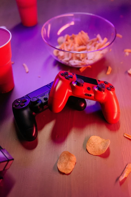 a video game controller sitting on top of a wooden table, purple and scarlet colours, snacks, shot with sony alpha, red - black