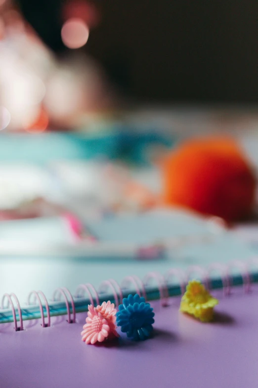 a close up of a notebook with pom poms on it, trending on pexels, toys, blurred detail, yarn, trinkets