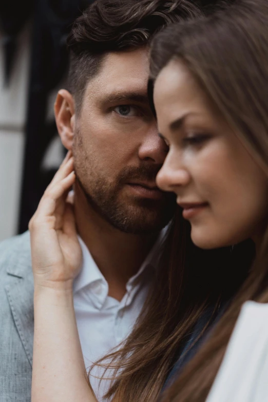 a man and a woman standing next to each other, by Adam Marczyński, trending on unsplash, renaissance, closeup headshot, embracing, attractive male, russian girlfriend
