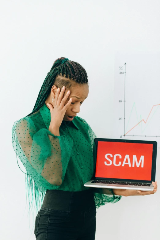 a woman holding a laptop with the word scam on it, hypermodernism, photo of a black woman, annoyed, instagram post, ilustration