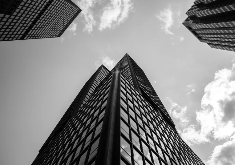 a black and white photo of some tall buildings, by Andrew Domachowski, pexels contest winner, square lines, high quality picture, photographic print, toronto city