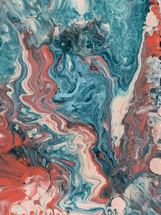 an abstract painting with red, white, and blue colors, an ultrafine detailed painting, inspired by Yanjun Cheng, trending on unsplash, generative art, marbled swirls, muddy colors, teal silver red, melting in coral pattern