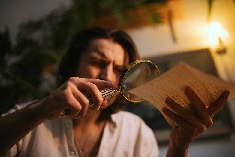 a woman looking through a magnifying glass, pexels contest winner, thin young male alchemist, lachlan bailey, vintage glow, reading