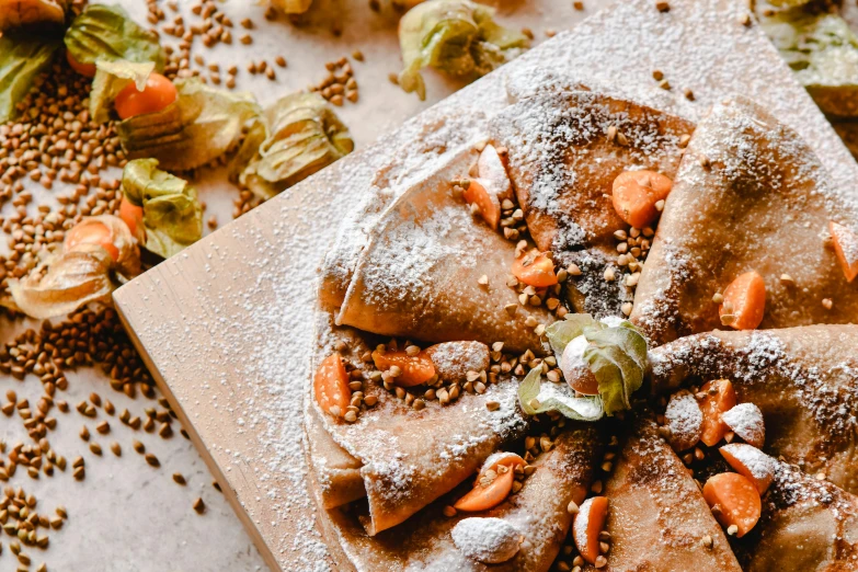 a pizza sitting on top of a wooden cutting board, by Julia Pishtar, pancakes, seeds, wearing a brown cape, flour dust spray