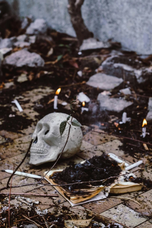 a skull sitting on top of a pile of cigarettes, by Elsa Bleda, unsplash, candles, torches in ground, witch hut, promo image