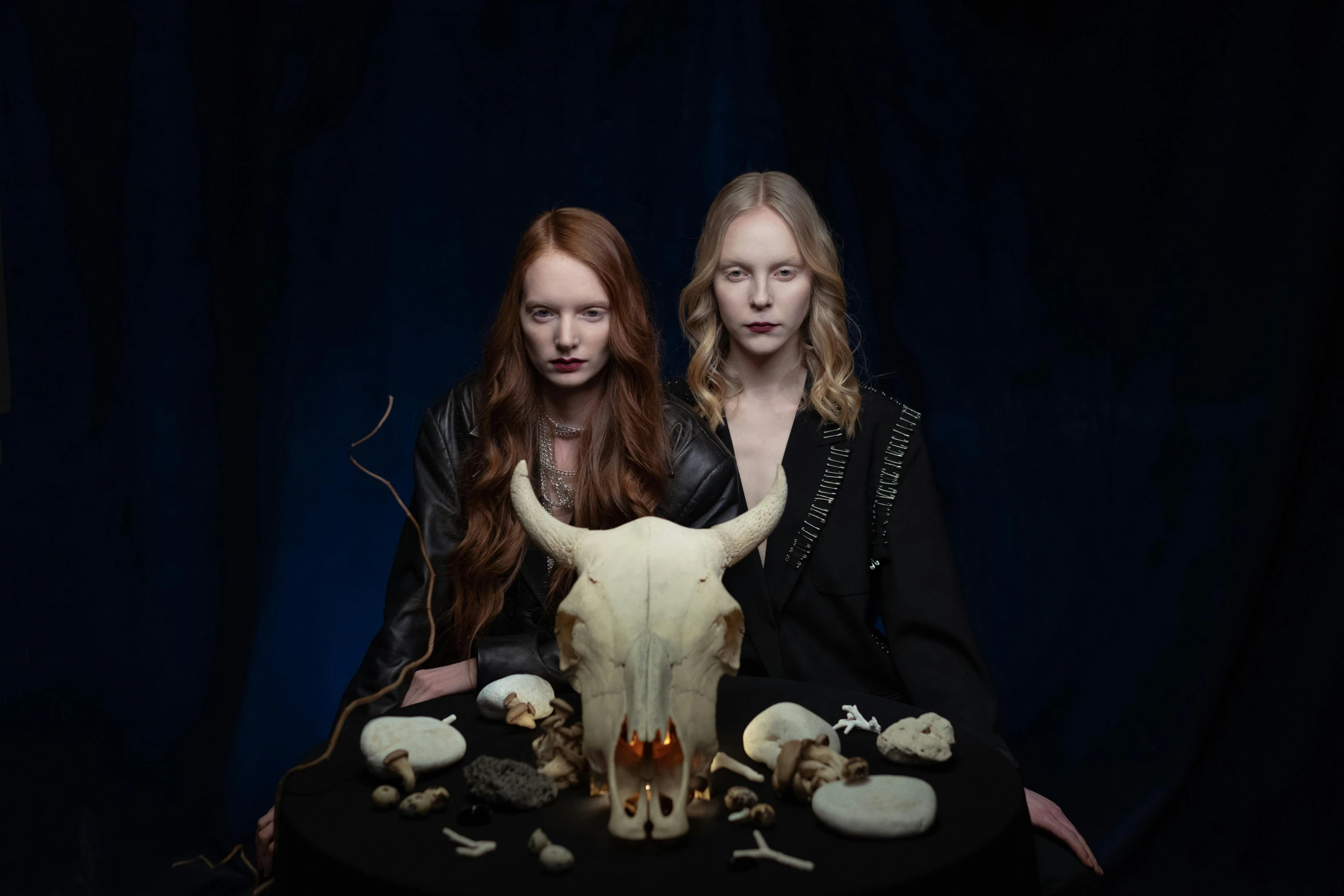 two women sitting at a table with skulls and a cow skull, a portrait, by Emma Andijewska, unsplash, shamanistic dark blue clothes, ginger, ignant, twins